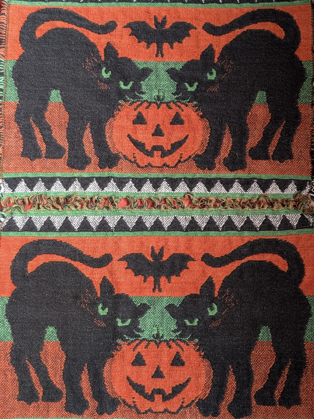 Two Vintage Halloween Placemats Cottagecore Woven Textile Black Cat Bat Pumpkin